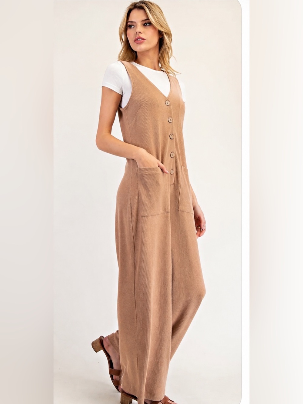 New Sleeveless Button-Front Wide Leg Jumpsuit in Camel Eesome S M L